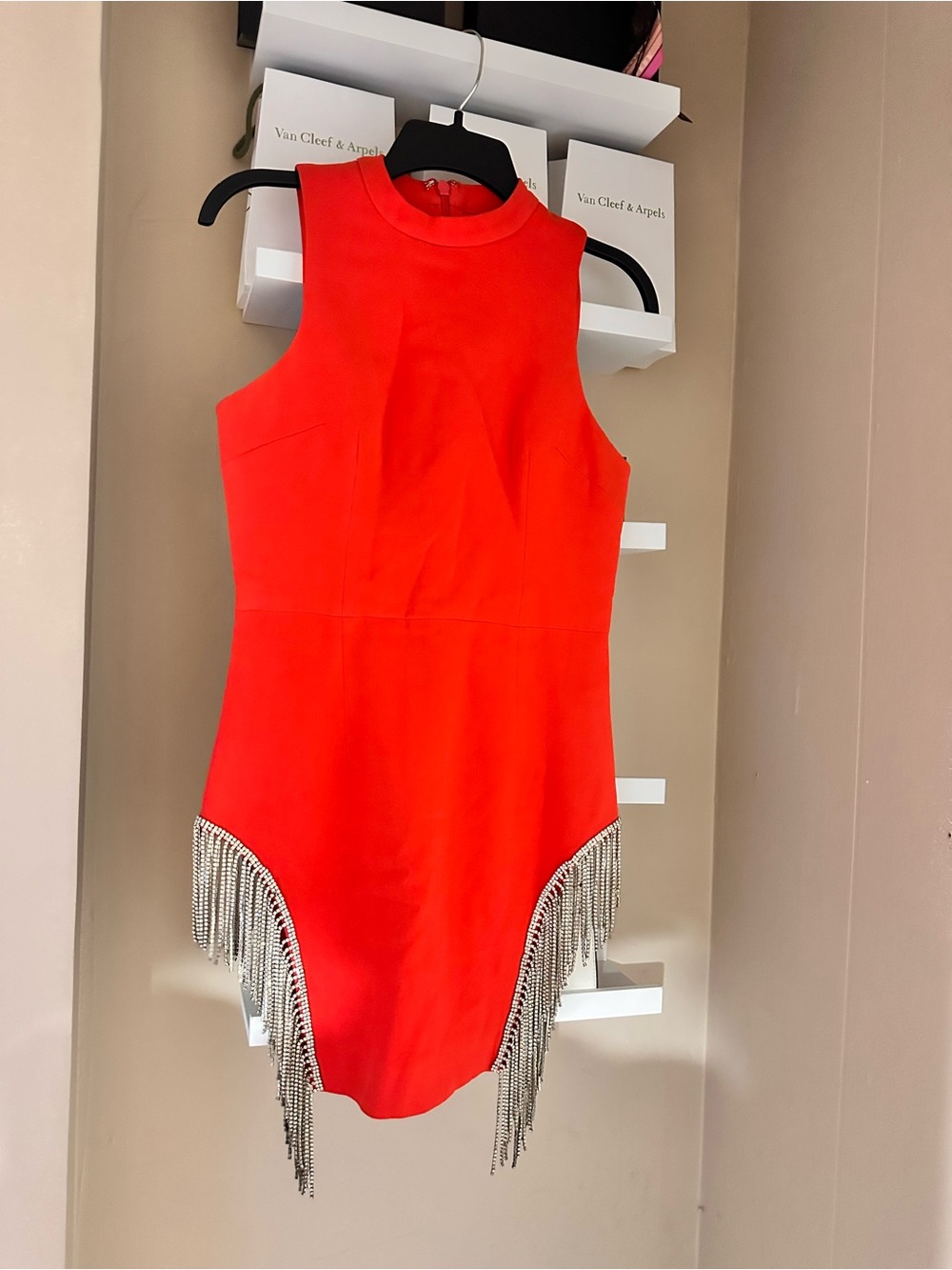 Sleeveless Red Mini Dress with Fringe Detail